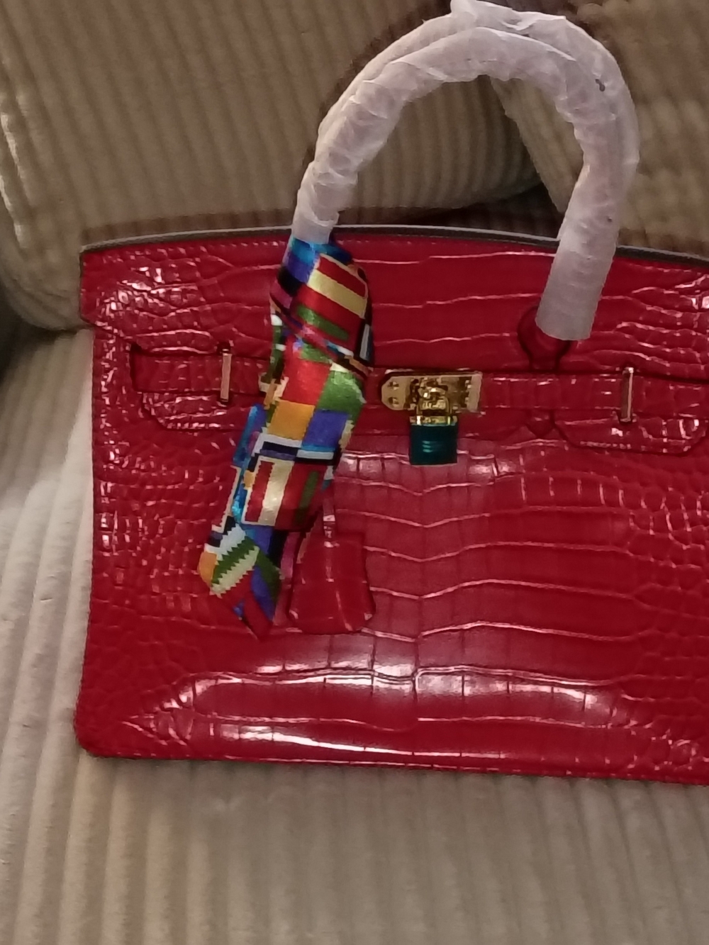 Red Croc-Embossed Satchel with Gold Hardware
